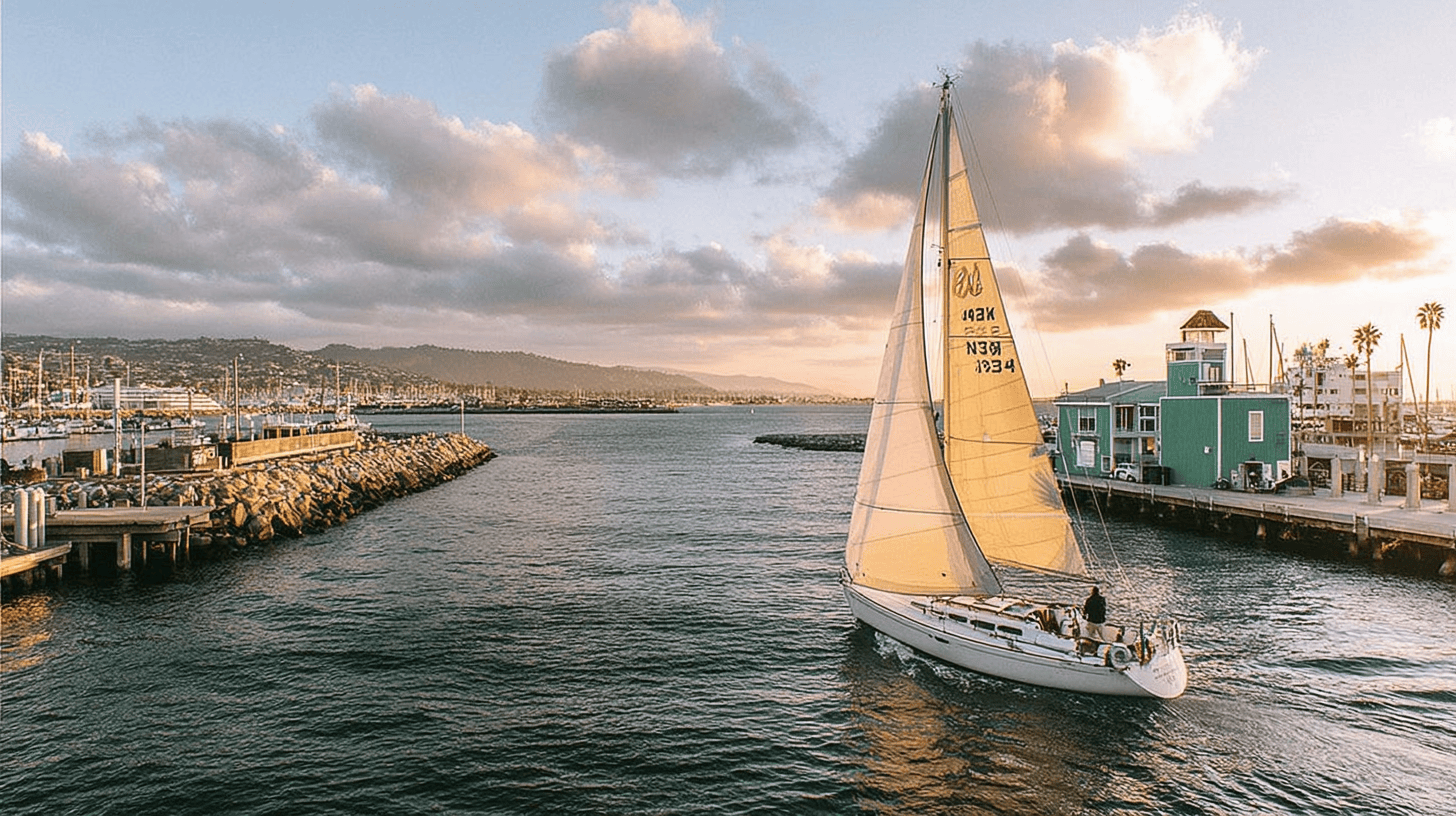 A sailboat leaving a sheltered harbor at golden hour, warm light catching the sails as it heads toward open water, evoking earned freedom and the start of a new chapter.
