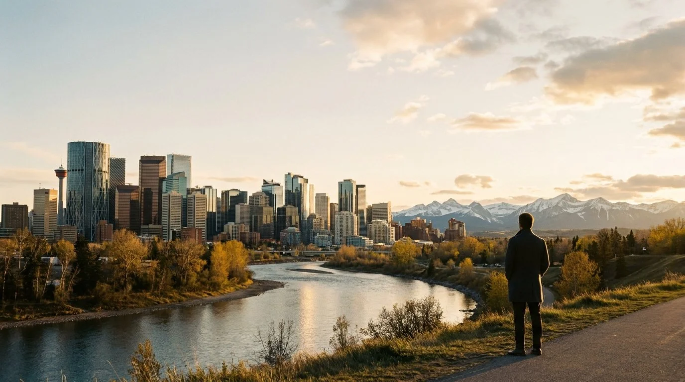 A panoramic view of the Calgary skyline at golden hour with the Bow River curving through the foreground and the Rocky Mountains on the horizon, a solitary figure standing on a riverside path looking toward the mountains.