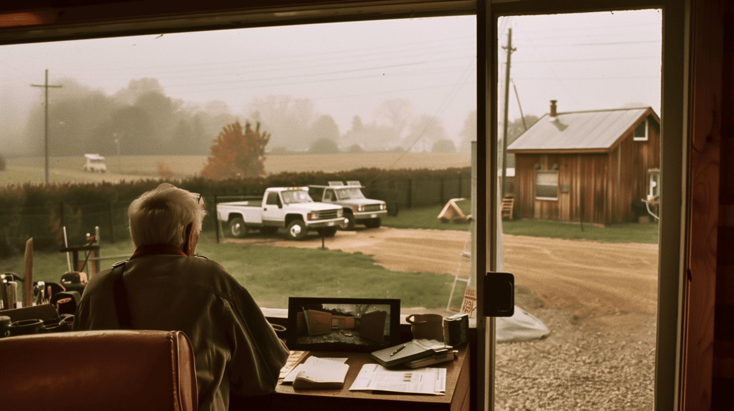 Landscaping business owner sits in his office, gazing at idle trucks on a foggy morning — a quiet scene symbolizing the cost of poor exit planning and missed opportunity.
