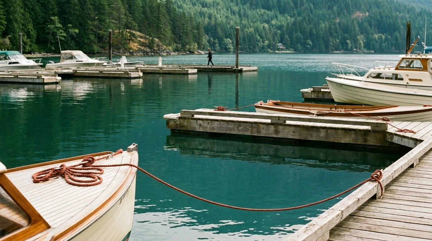 A quiet British Columbia marina in afternoon light, with teal water, cream-hulled boats and a lone figure walking the dock.