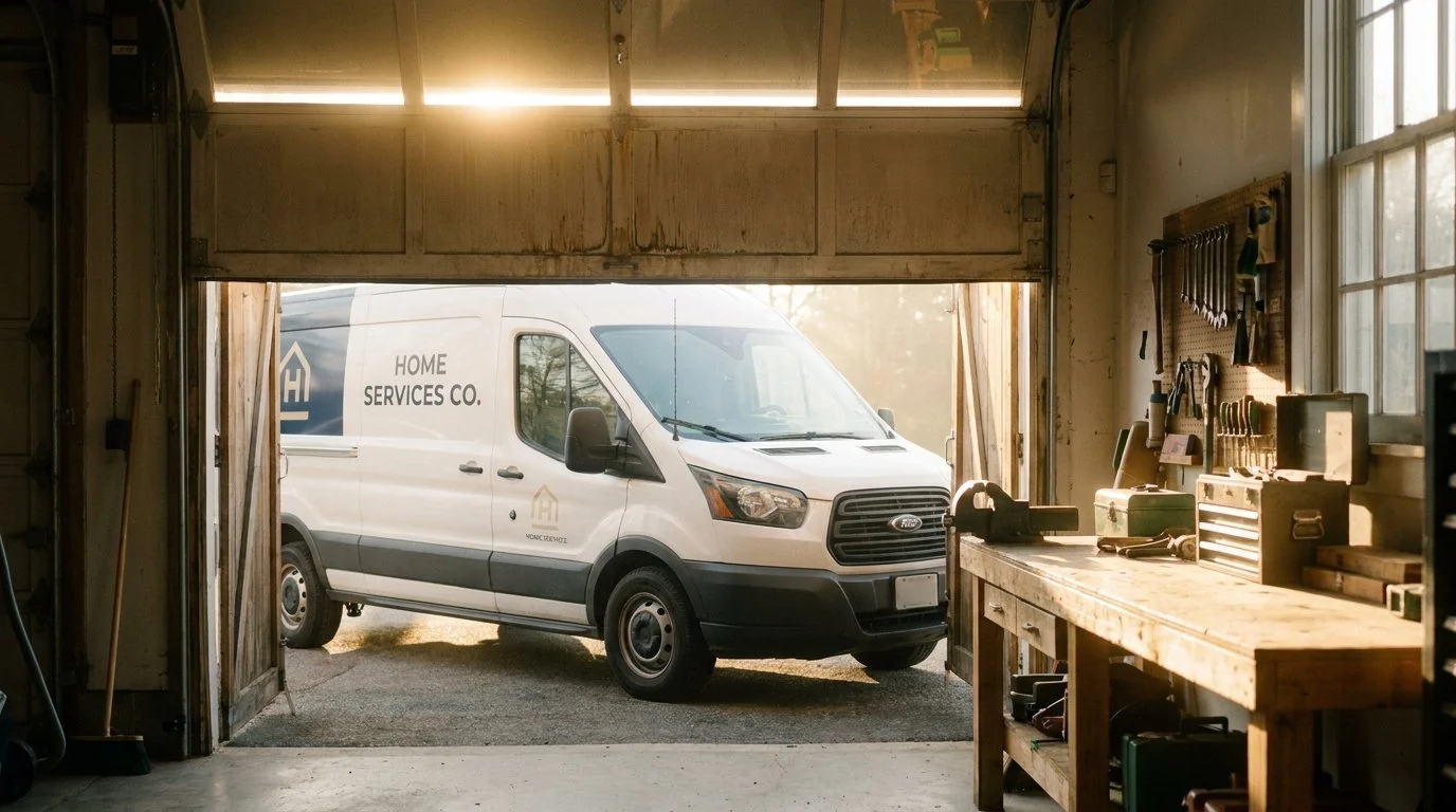 A home services van and organized tools inside a sunlit garage, illustrating the operations and physical assets acquired when buying a home services business.