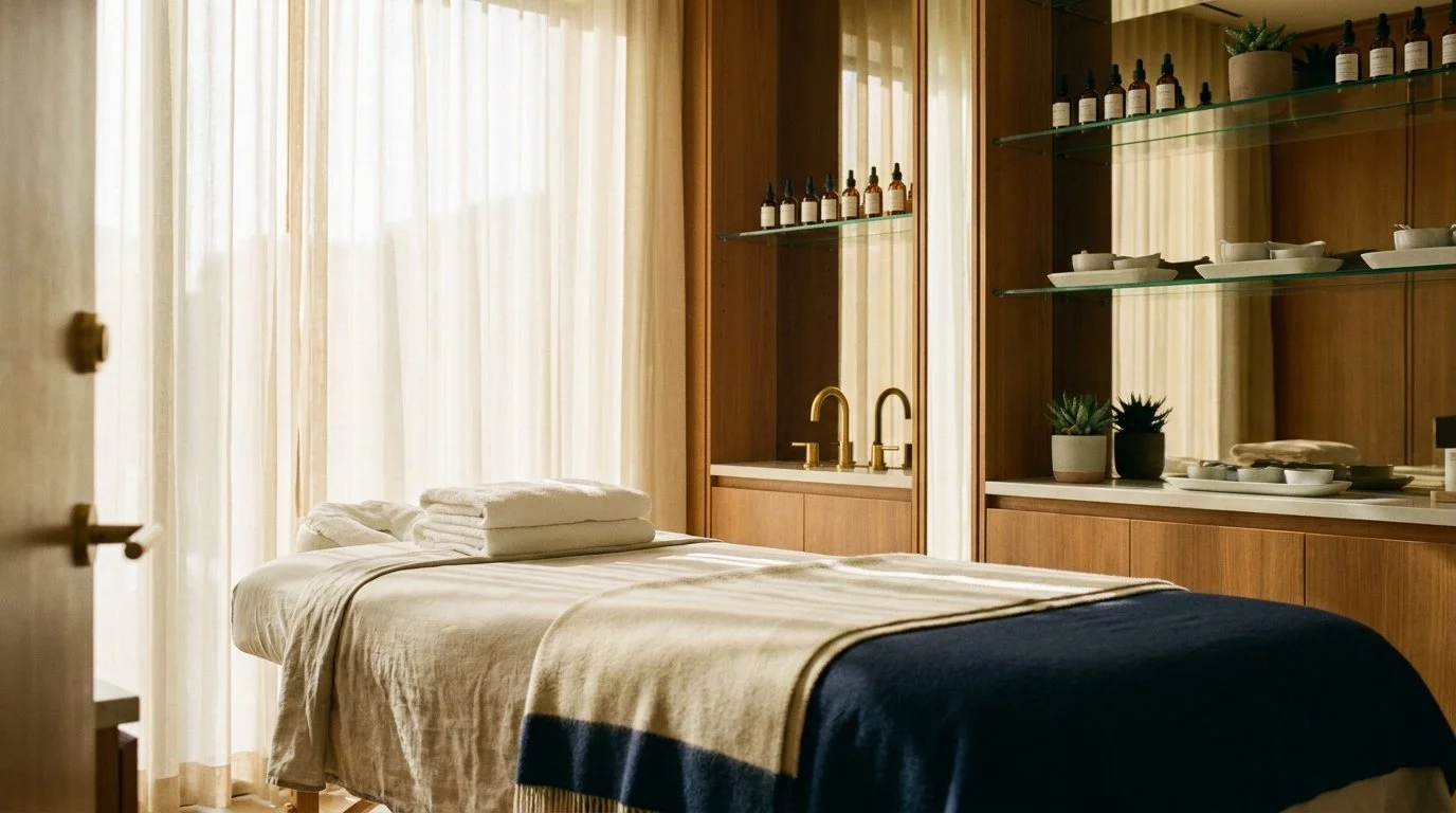 Sunlit medical spa treatment room with linen bed and glass shelving of serums – illustrating medical spa M&A and valuation trends in 2026