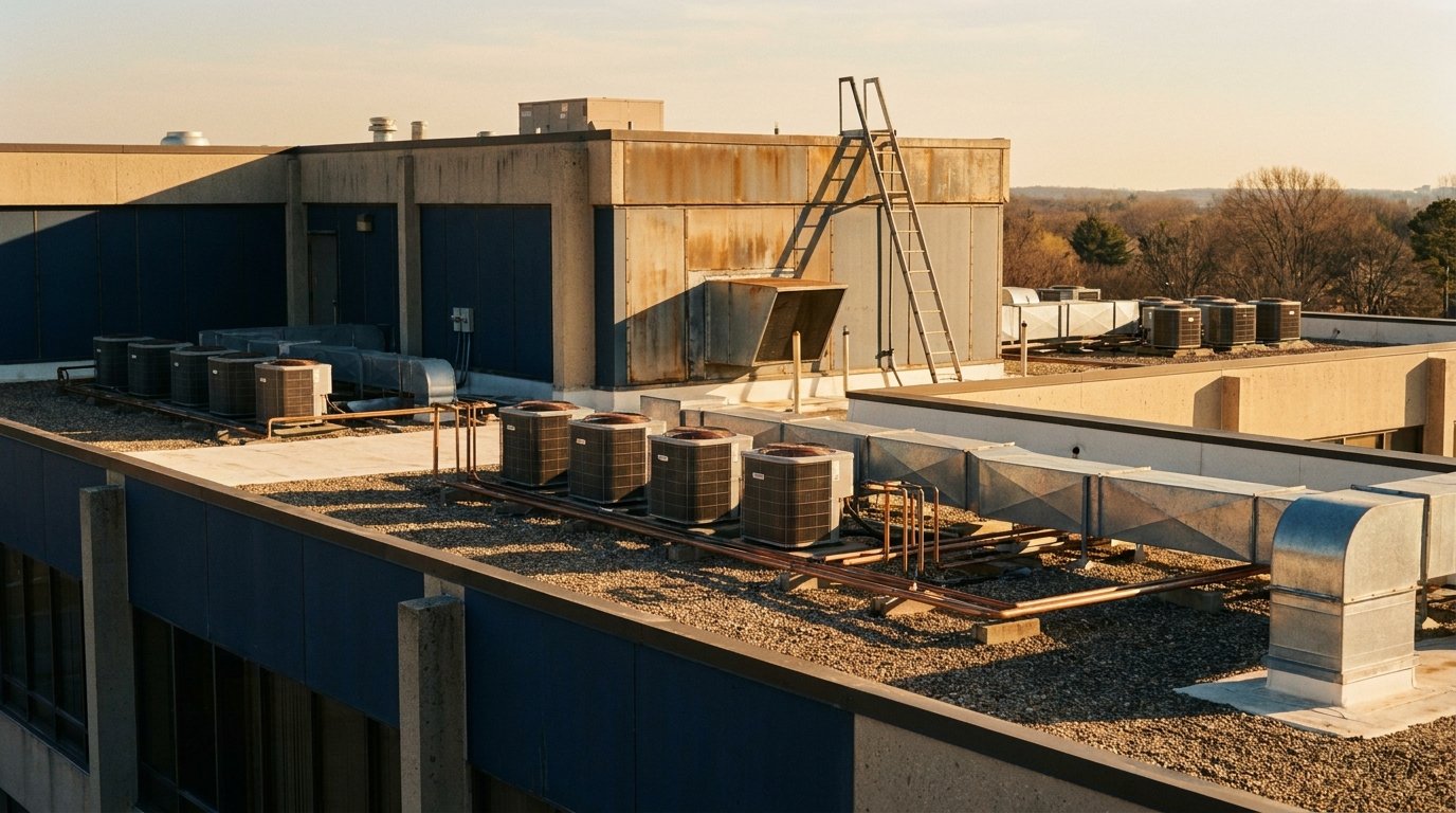 Rows of rooftop HVAC condensing units and copper lines at sunset – illustrating HVAC industry consolidation and M&A market trends in 2026