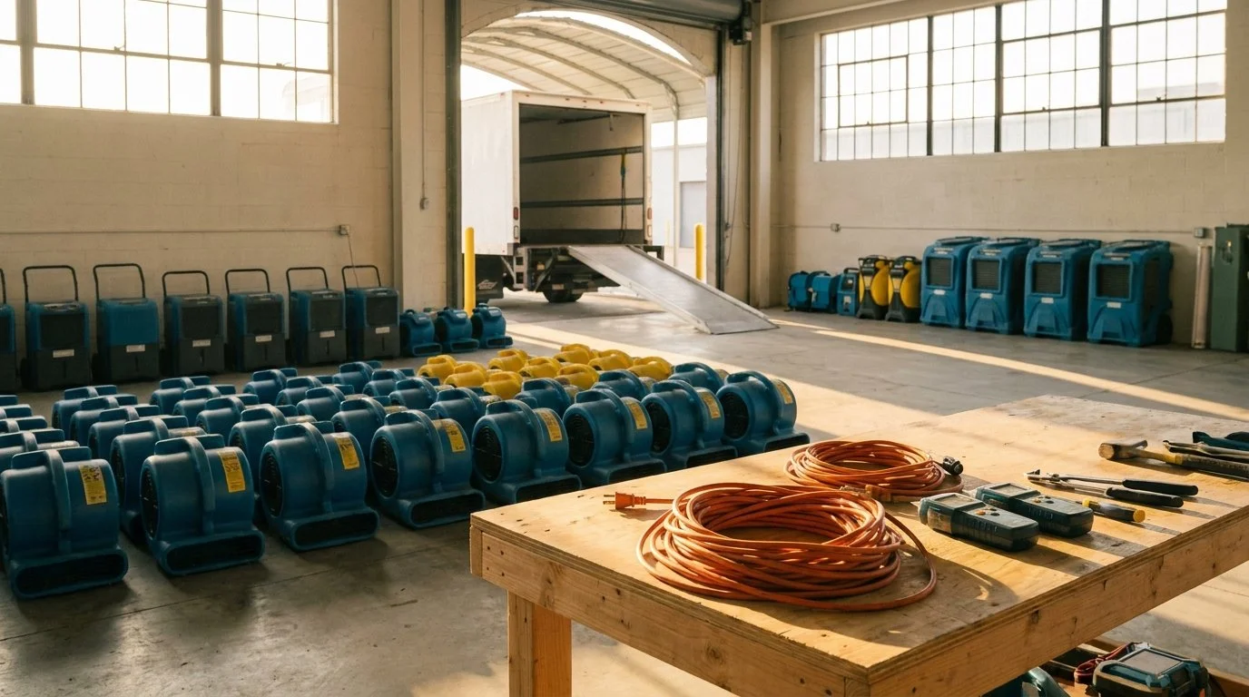 Rows of restoration air movers and dehumidifiers staged in a warehouse at morning – illustrating restoration company M&A and valuation trends in 2026