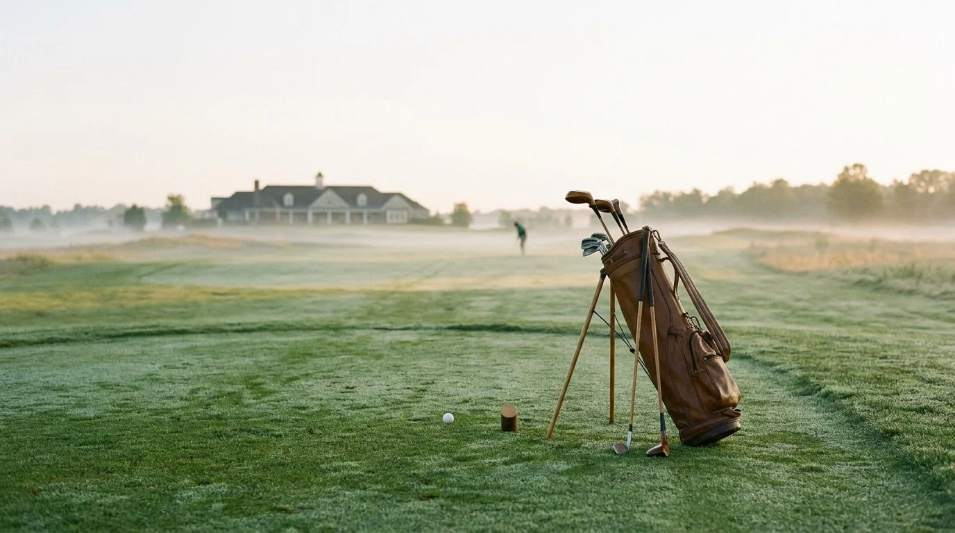 A golfer standing on the first tee at dawn, looking down a long fairway with mist over the grass.