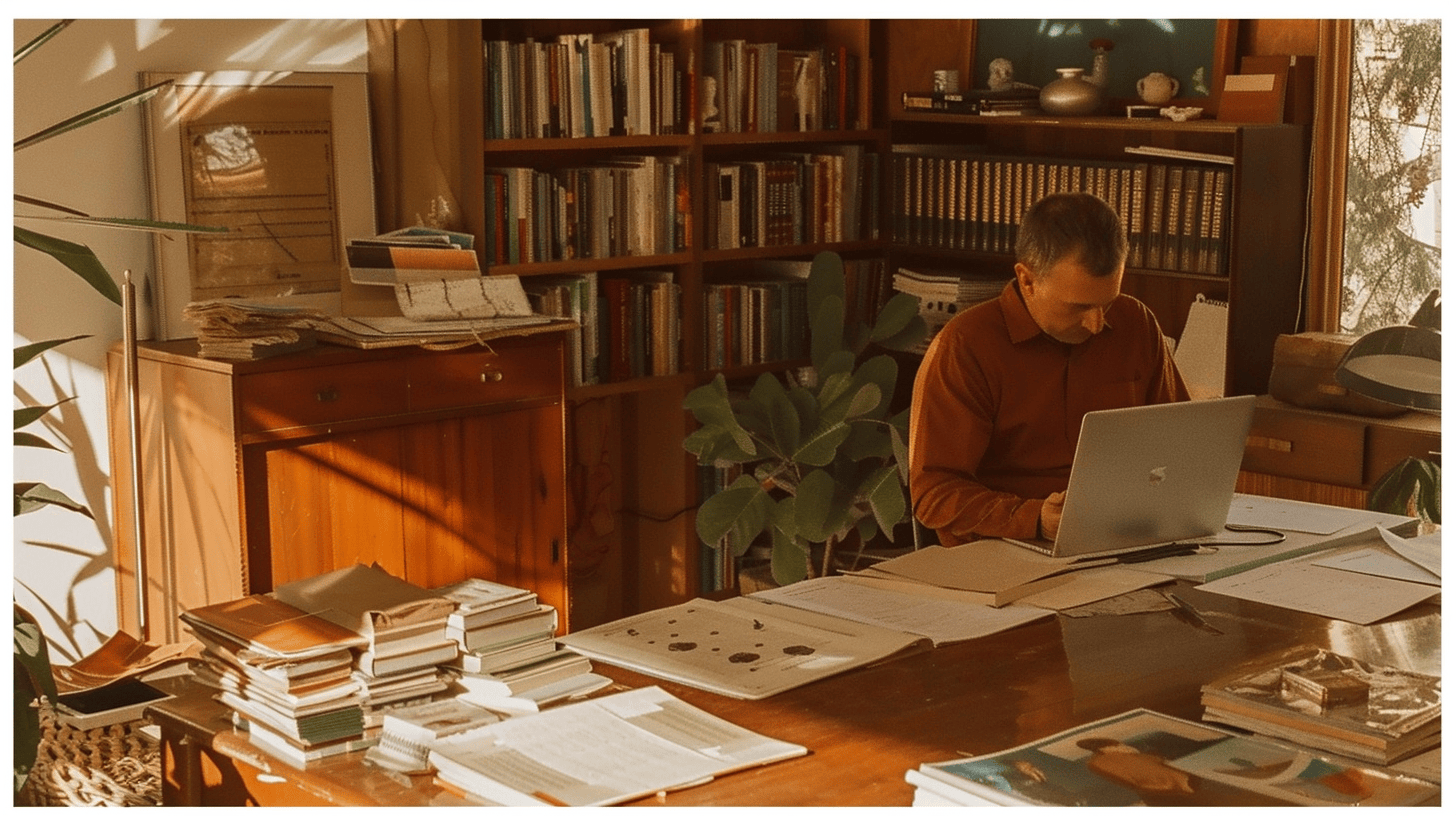 Digital marketing agency founder at wooden desk in mid-century modern home office reviewing paperwork and computer for business sale preparation