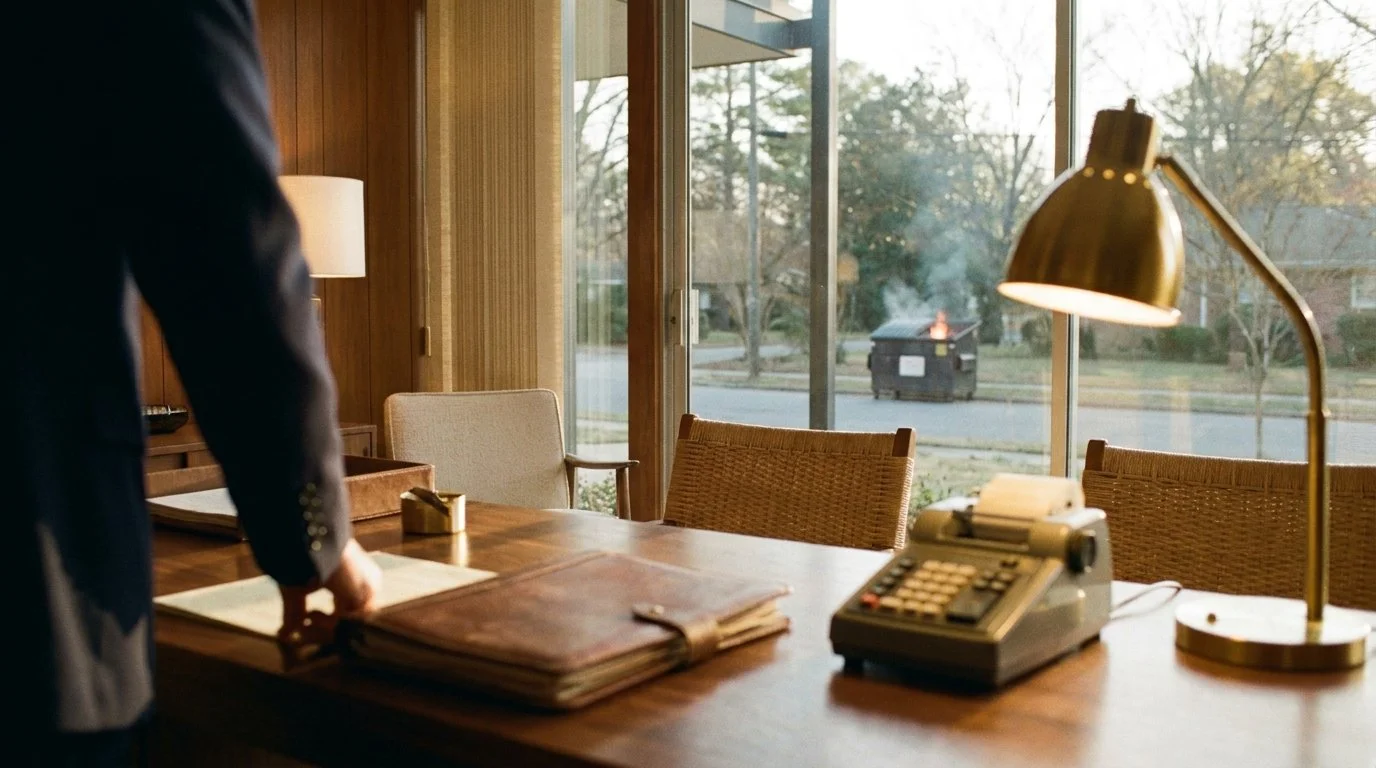 Quality of earnings risk illustration: desk with transaction folder and calculator, smoldering dumpster outside a window.