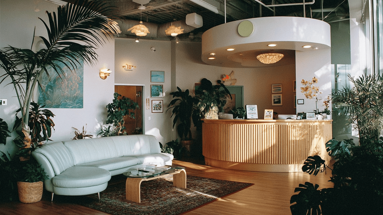 Modern wellness clinic reception area with natural wood accents and green plants — representing integrative health practices attracting private equity roll-up interest in 2026