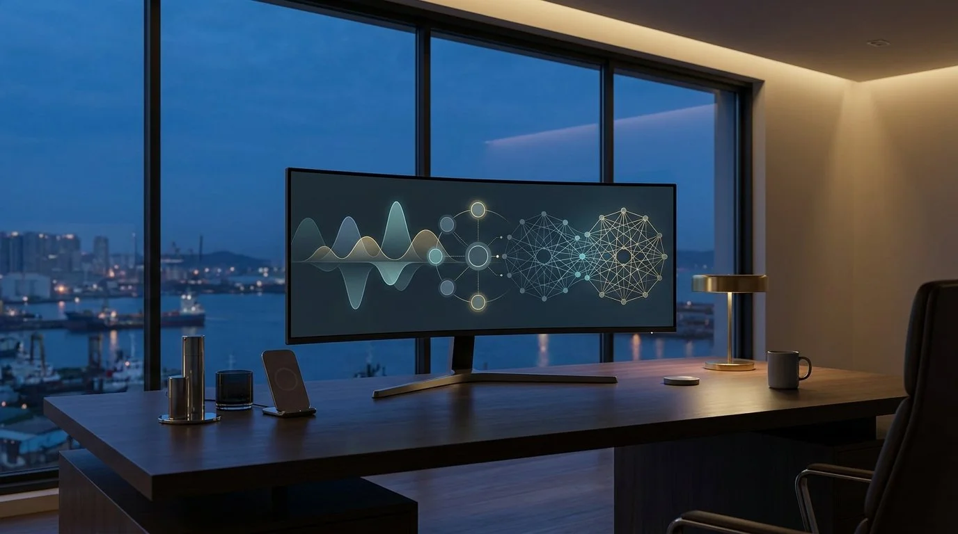 Abstract SaaS revenue curves and connected buyer networks displayed on a monitor in a modern office overlooking a harbor.