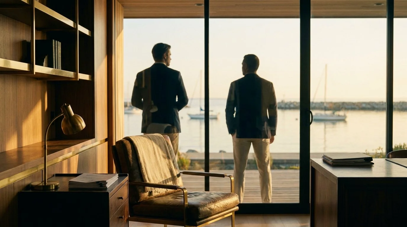 A mid-century modern study at golden hour with warm light falling across a leather armchair and business documents, a silhouette gazing through floor-to-ceiling windows at a calm harbor with sailboats.
