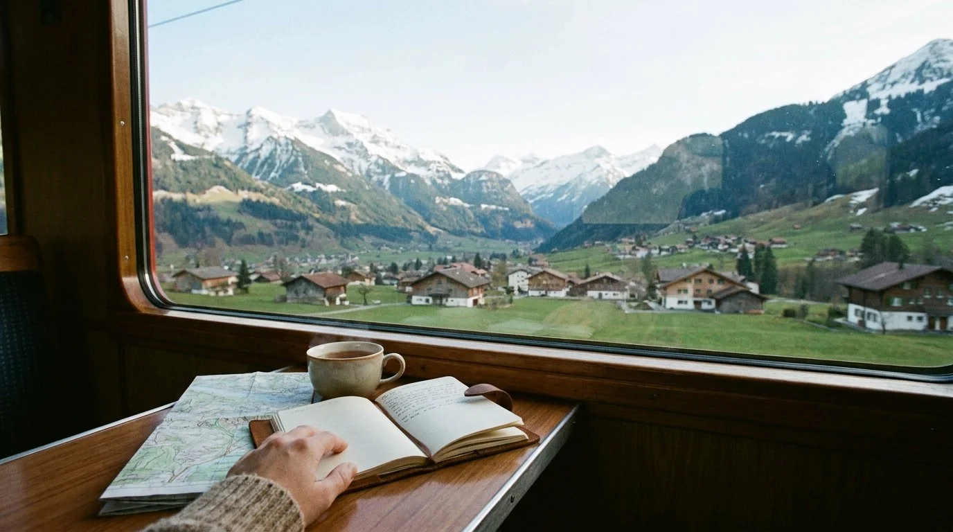 A window seat on a Swiss train looking out at mountain slopes and a lake in soft light.