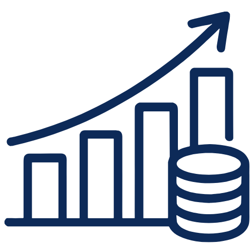 Icon of a bar chart with an arrow rising above it to the right and a stack of coins piling up. Showcasing the increase in a businesses profits using the Strategic CFO plan.