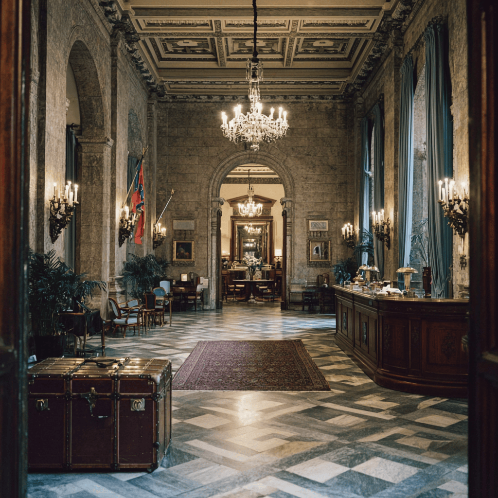 Luxurious hotel lobby with crystal chandeliers, marble floors, and vintage luggage representing premium M&A advisory services