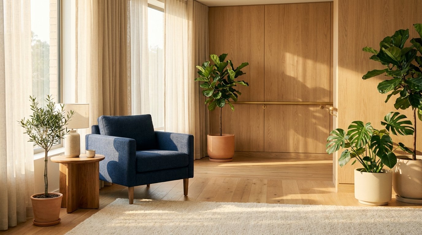 Sunlit senior-living residence with a navy armchair, natural wood finishes, accessibility handrail, and indoor greenery, illustrating home care and senior living M&A trends in 2026.