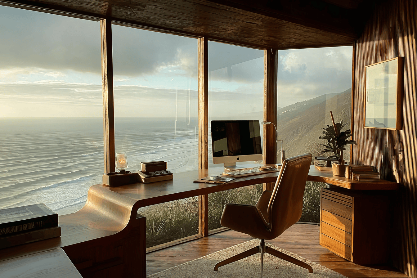 **Alt text:** Modern coastal office with warm natural light, a sleek wooden desk, and a computer overlooking the ocean — symbolizing clarity, balance, and the next chapter for agency founders preparing their exit.