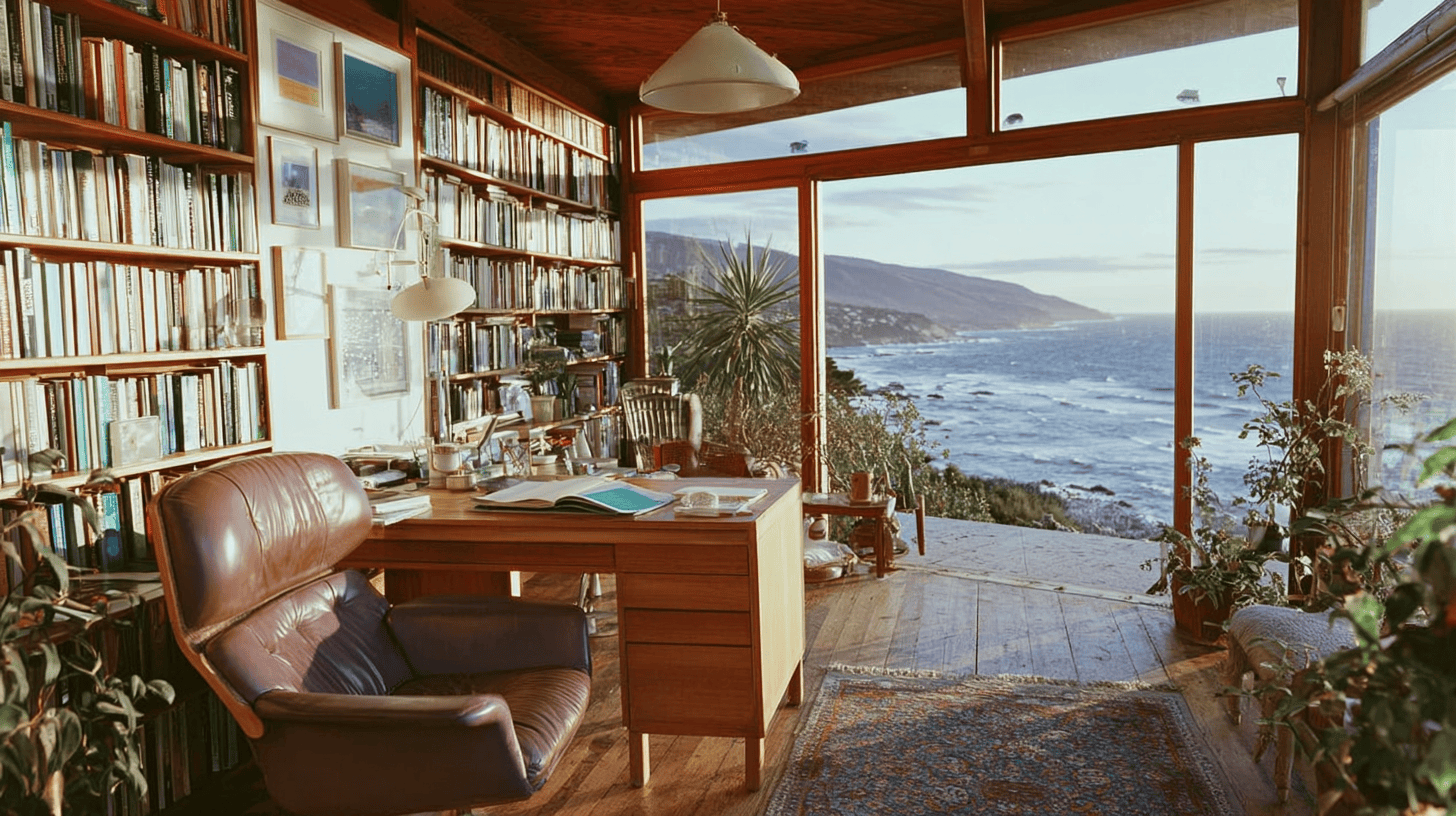 A warm, golden-lit study with bookshelves and a coastal view through large windows, evoking calm accomplishment and a new chapter.