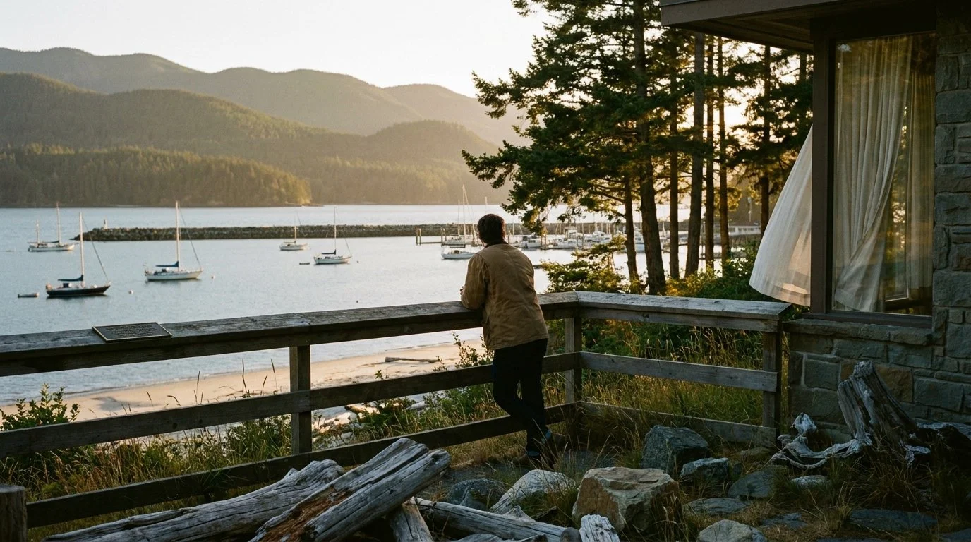 A silhouetted figure stands at a weathered wooden railing overlooking a calm Pacific Northwest harbour at golden hour, with sailboats, a breakwater, and forested mountains bathed in warm evening light.