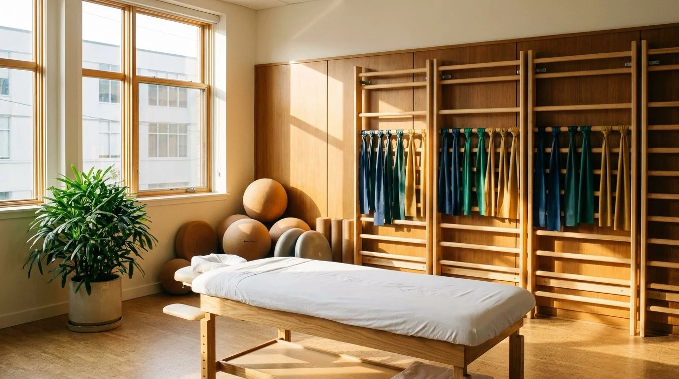 Sunlit physiotherapy clinic with treatment table and wooden wall bars – illustrating physiotherapy clinic M&A and valuation trends in 2026