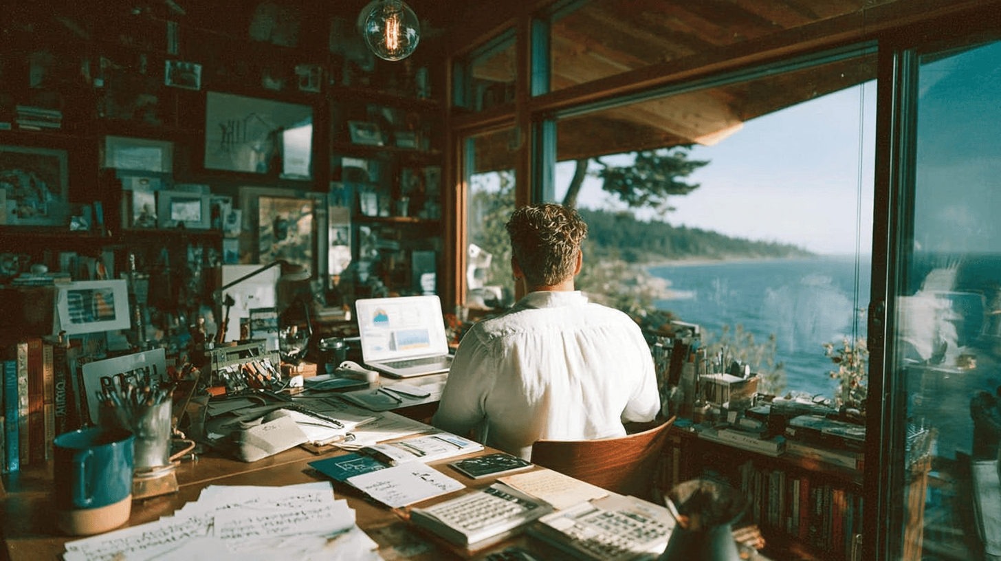 SaaS founder working at a cluttered wooden desk overlooking the ocean, reviewing valuation metrics and ARR growth charts on a laptop at sunrise, illustrating 2026 SaaS valuation multiples and Rule of 40 planning for a $1M–$5M ARR software business.