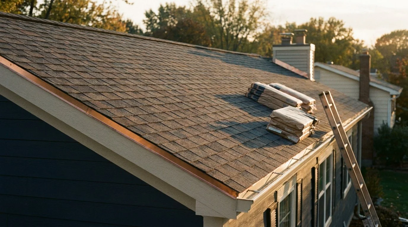 Newly installed architectural shingle roof with copper flashing at golden hour – illustrating roofing company M&A and valuation trends in 2026
