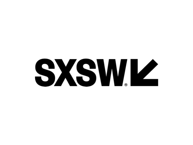 SXSW logo in black text with an arrow pointing downward.