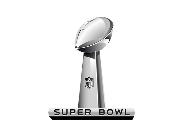 Super Bowl trophy with a football on top and the NFL logo, set on a stand with "Super Bowl" inscribed.