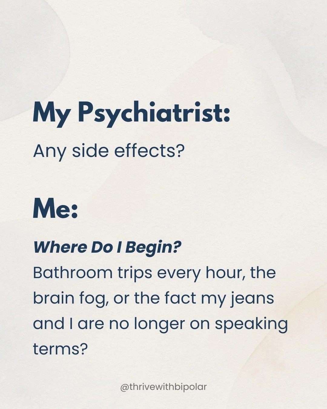 Had my psych appointment this week. The side‑effect report was&hellip; extensive. But hey, at least I'm technically functional now. That counts for something, right?

Please tell me I&rsquo;m not the only one who needs a spreadsheet to keep up with s