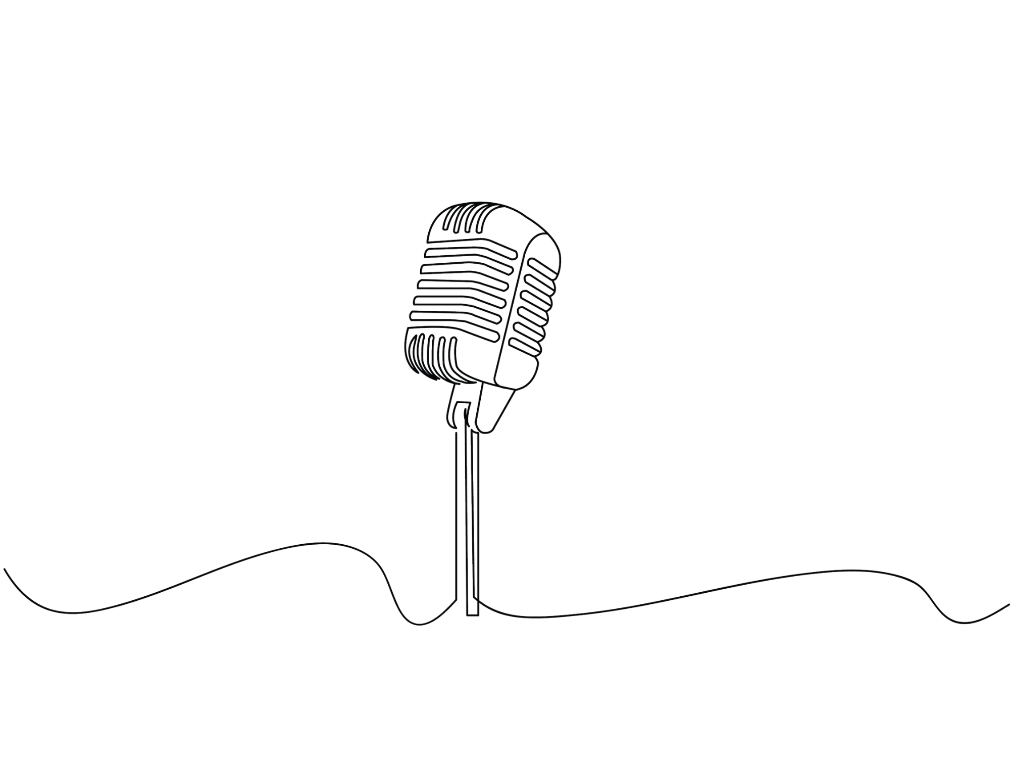 Minimalist line drawing of a vintage microphone representing media interviews and speaking engagements.