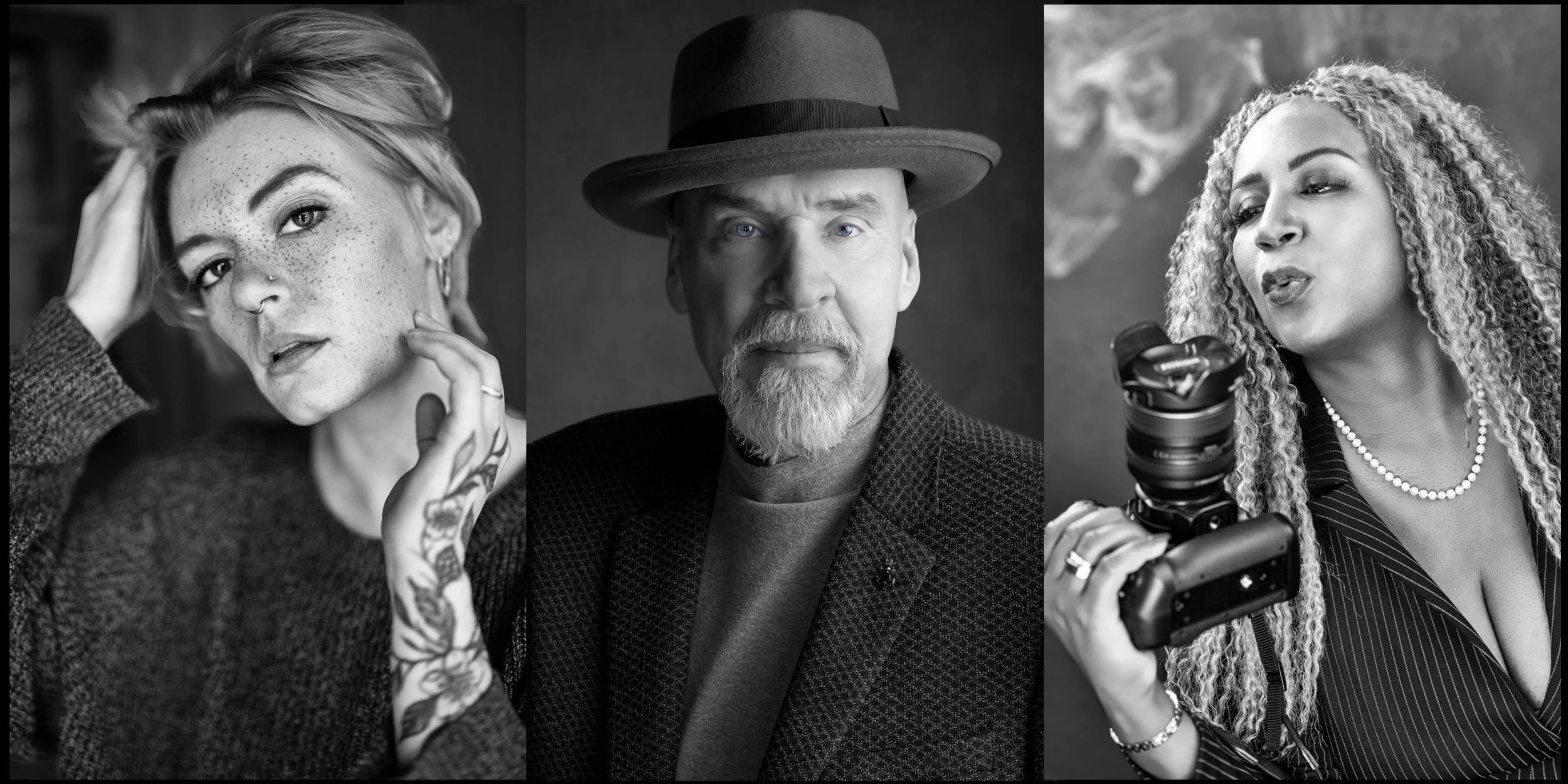 A black and white image showcasing the expertise of three professionals: a male legacy portrait photographer, a female model, and an African-American female headshot/branding specialist