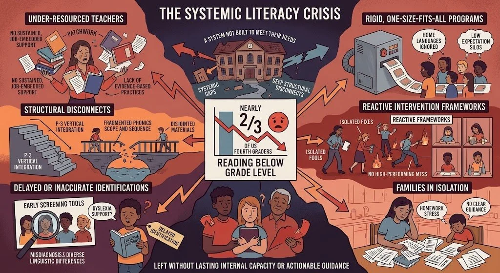 "Infographic detailing the systemic literacy crisis, highlighting under-resourced teachers, disconnected systems, and reactive frameworks. Generated by AI."