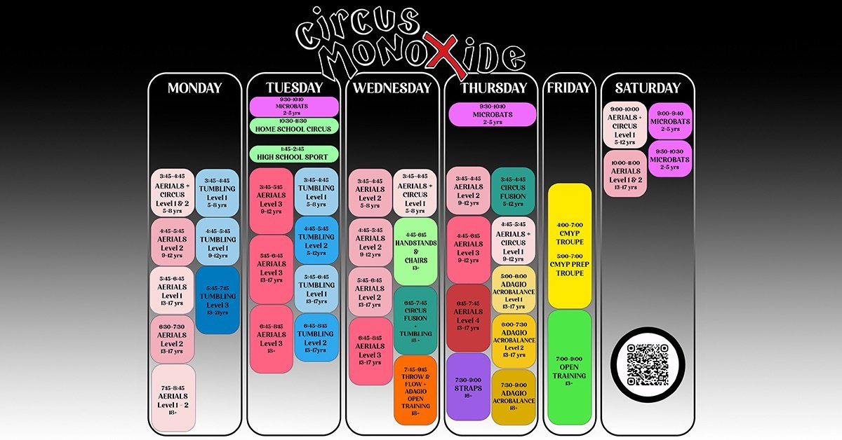 🎪 Our 2026 Timetable Is Here! 🎪
We&rsquo;re so excited to officially release the Circus Monoxide 2026 timetable!

Some class times and groupings have been updated, so please make sure to check the timetable and the app to confirm your student&rsquo