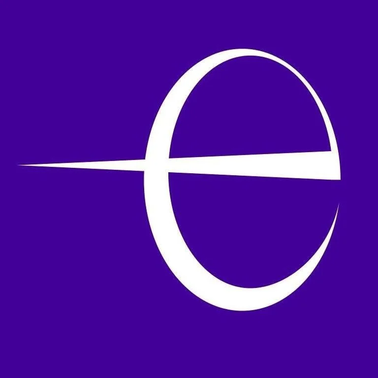 White stylized lowercase 'e' logo on purple background