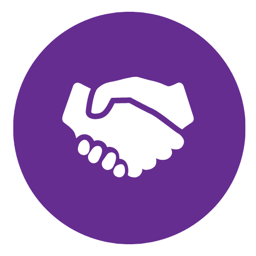 Icon of a handshake inside a purple circle, symbolizing agreement or partnership.