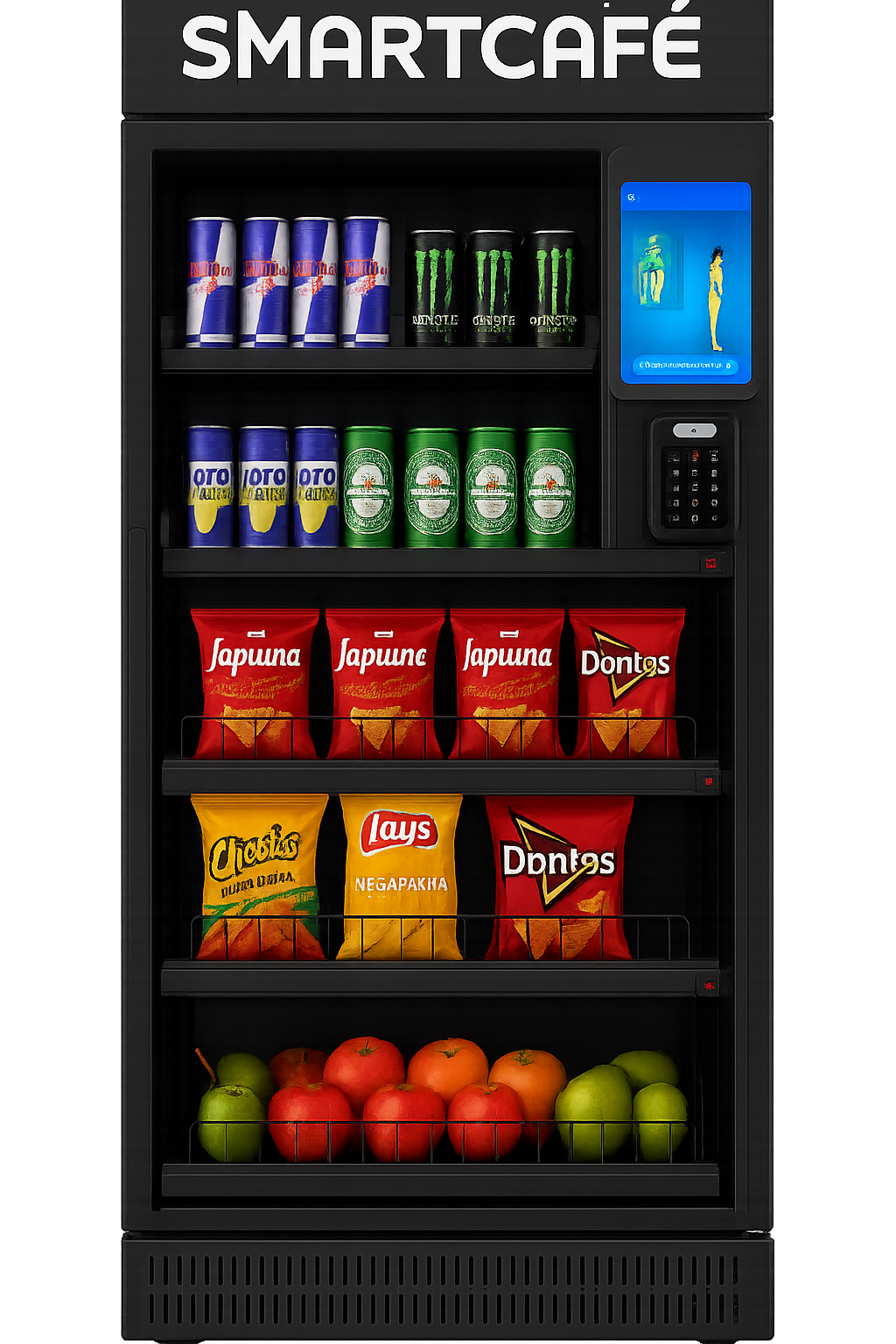 Vending machine with sodas, chips, and fruits.