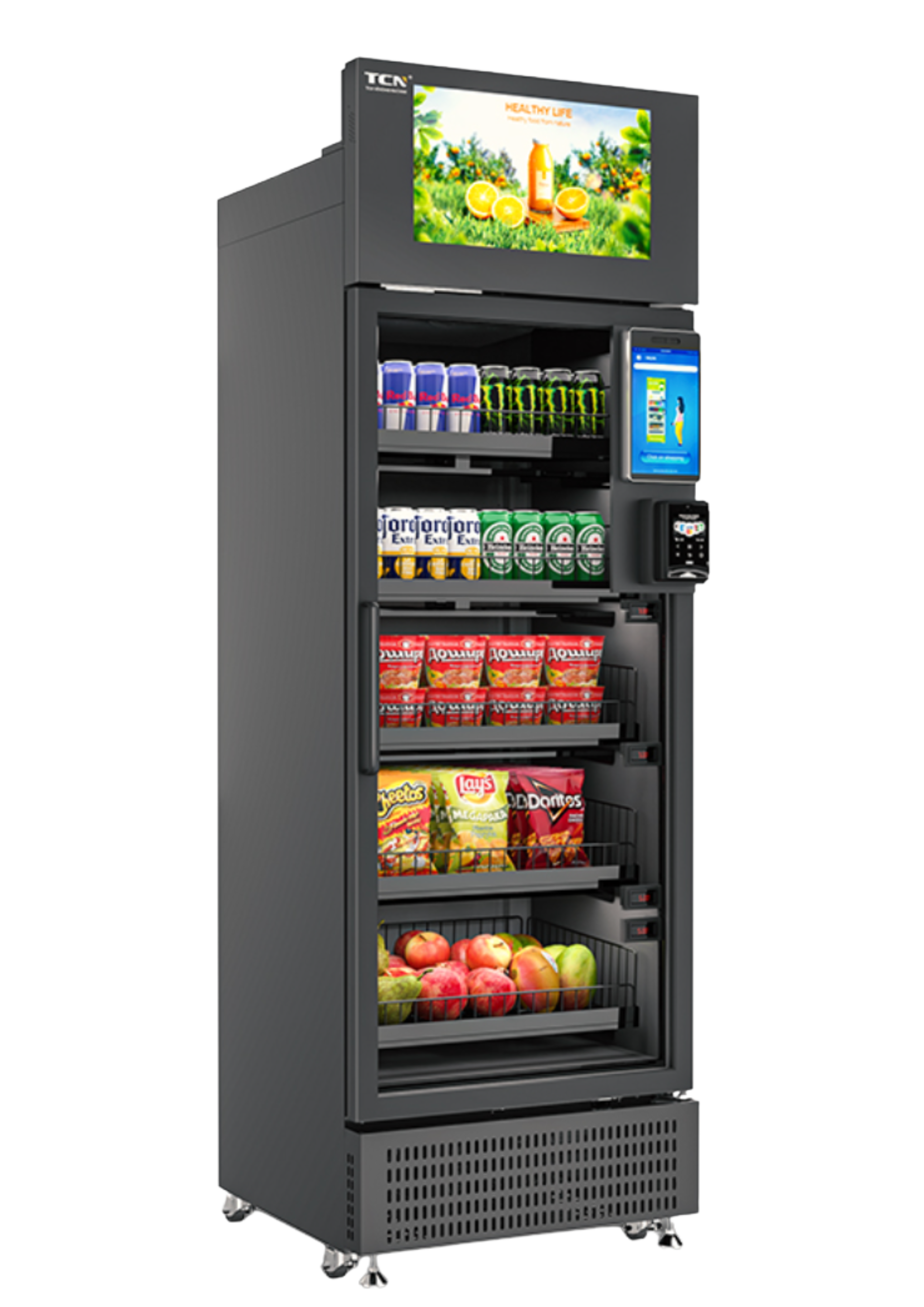 A vending machine filled with snacks, beverages, and apples, with a digital payment screen and an advertisement screen on top.