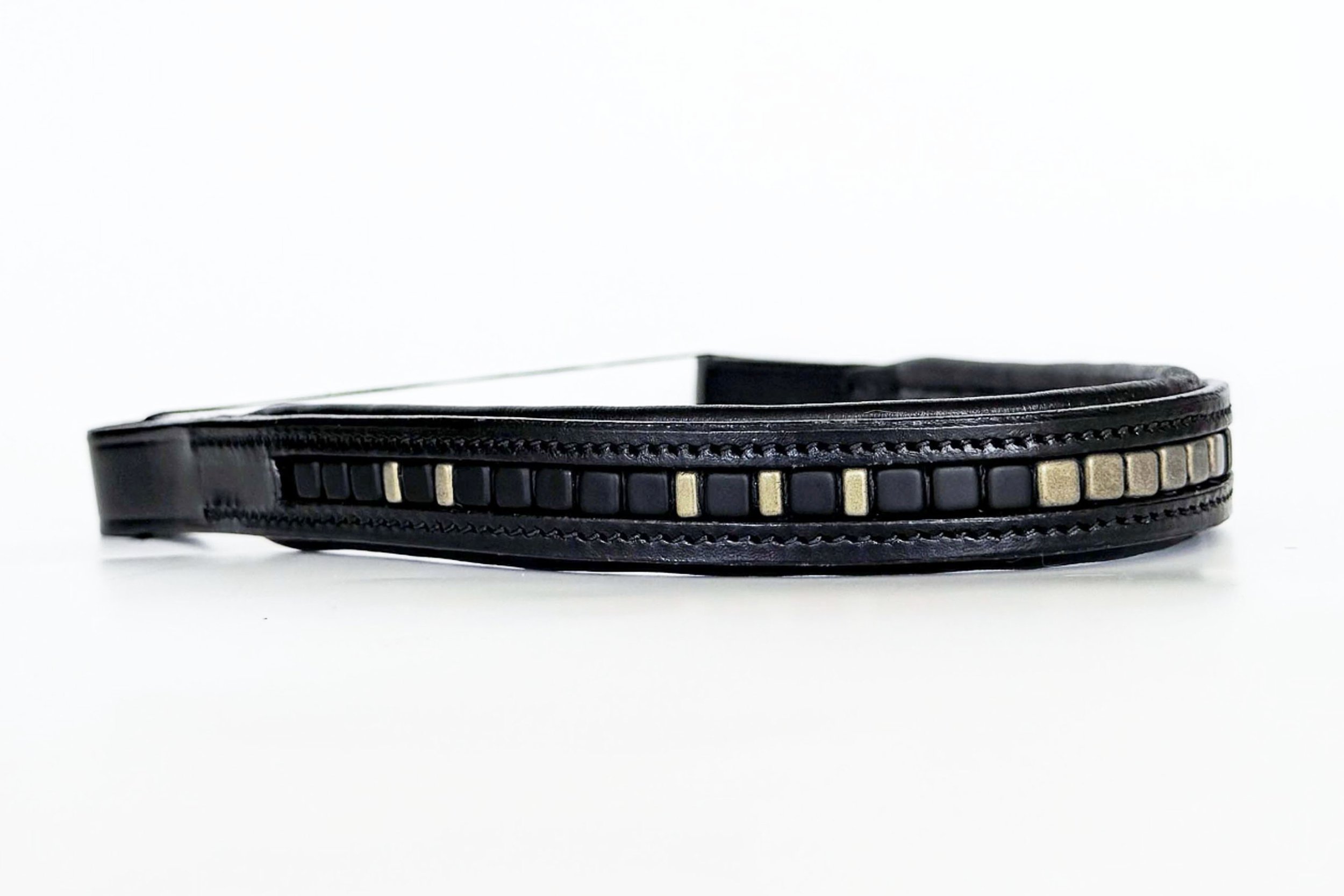 Unique black leather browband with a pattern of black and matte gold beads