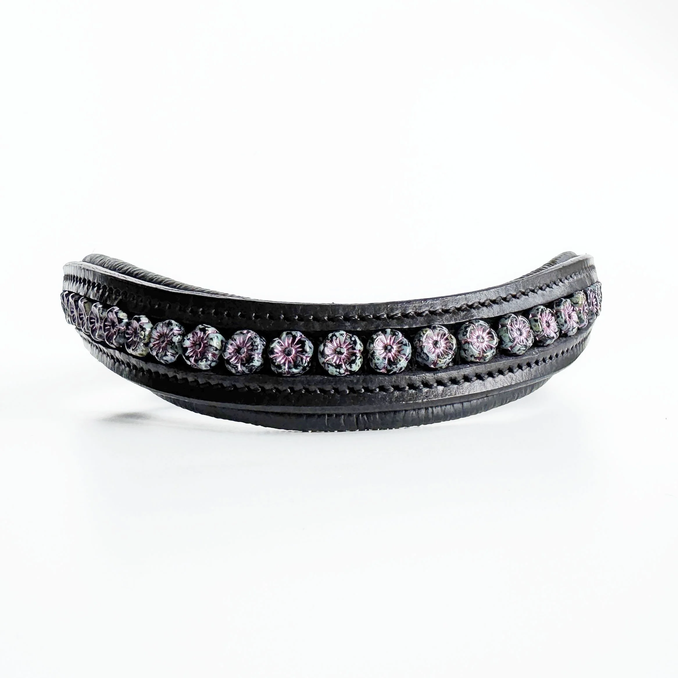 Black & Purple Flower Leather Browband