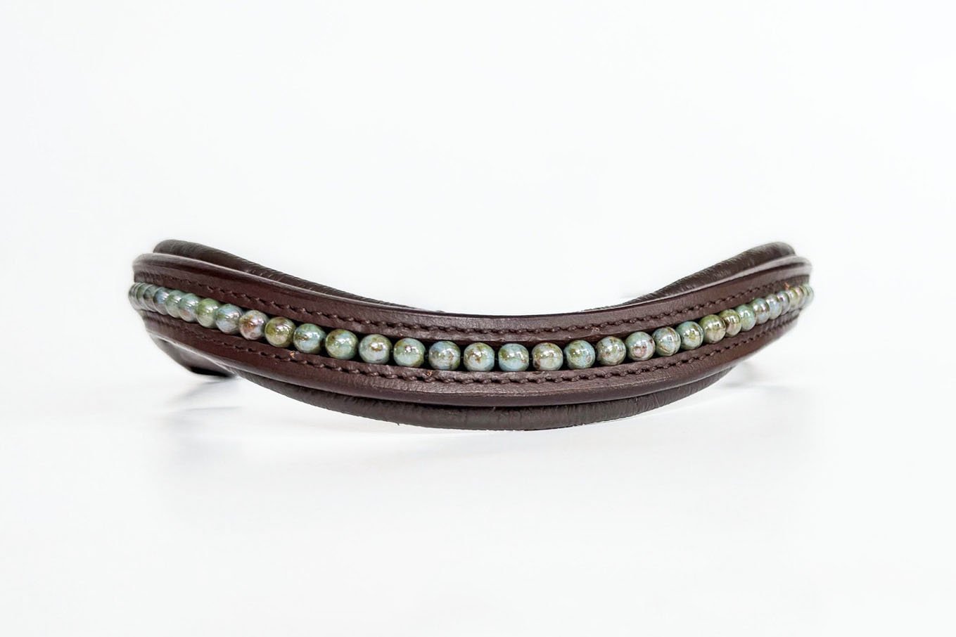 Unique brown leather browband with blue beads marbled with brown and green