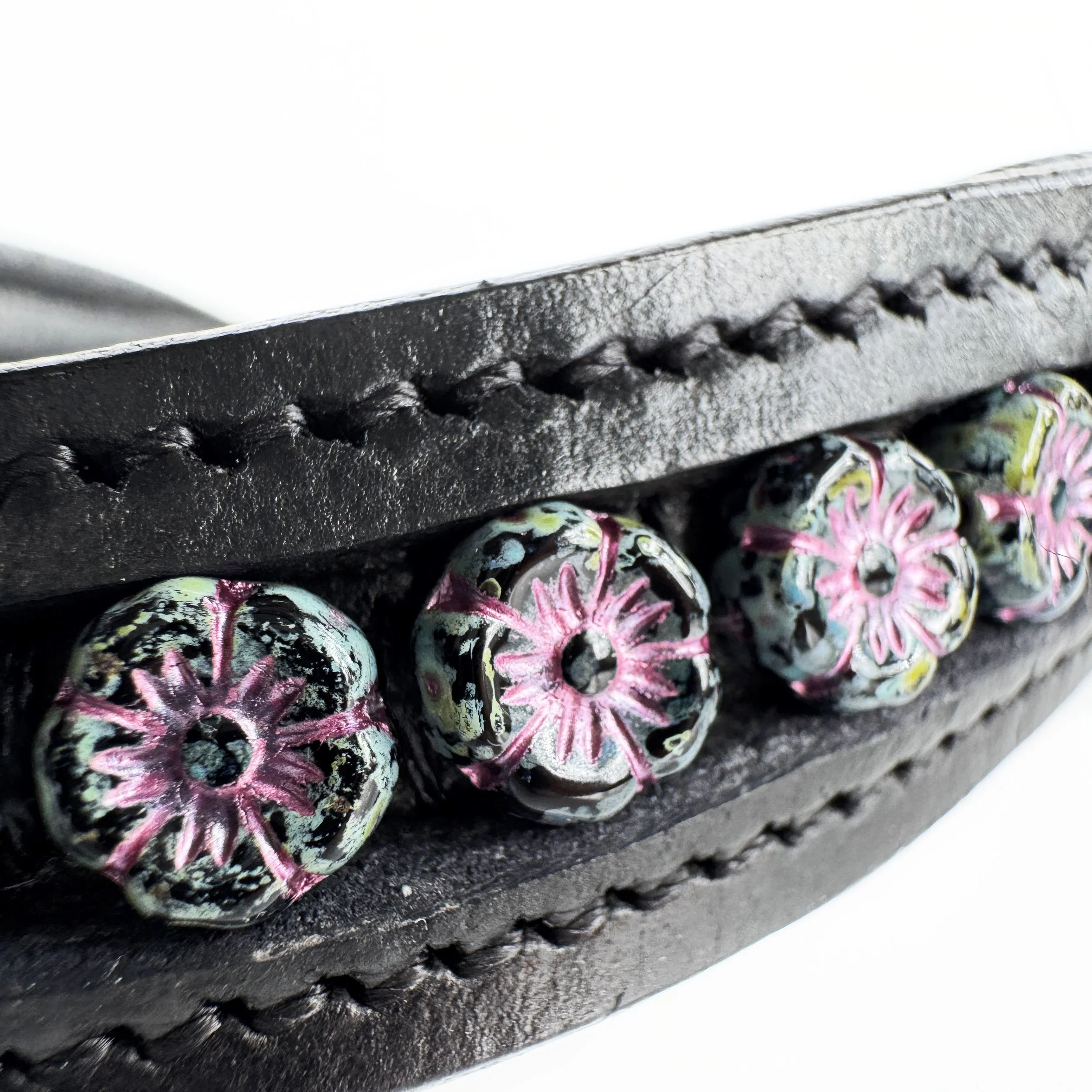 Black & Purple Flower Leather Browband