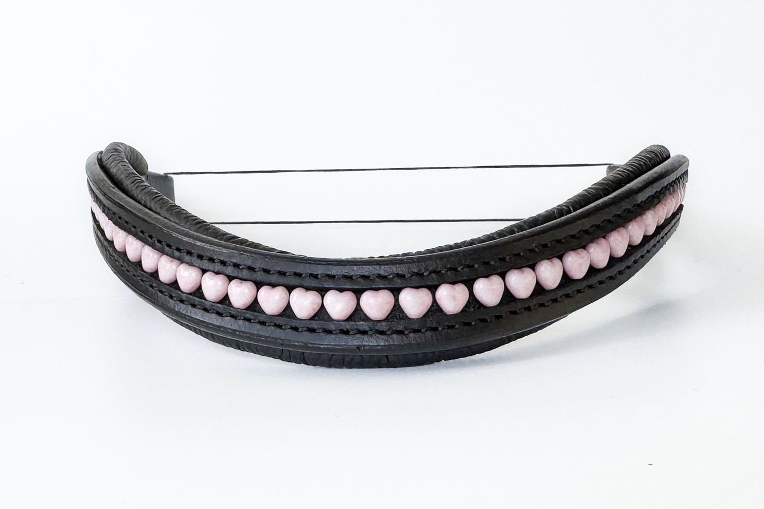 Unique black leather browband with pink heart beads