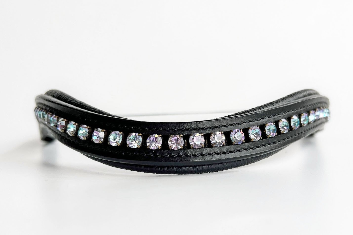 Unique black leather browband with blue and purple crystals