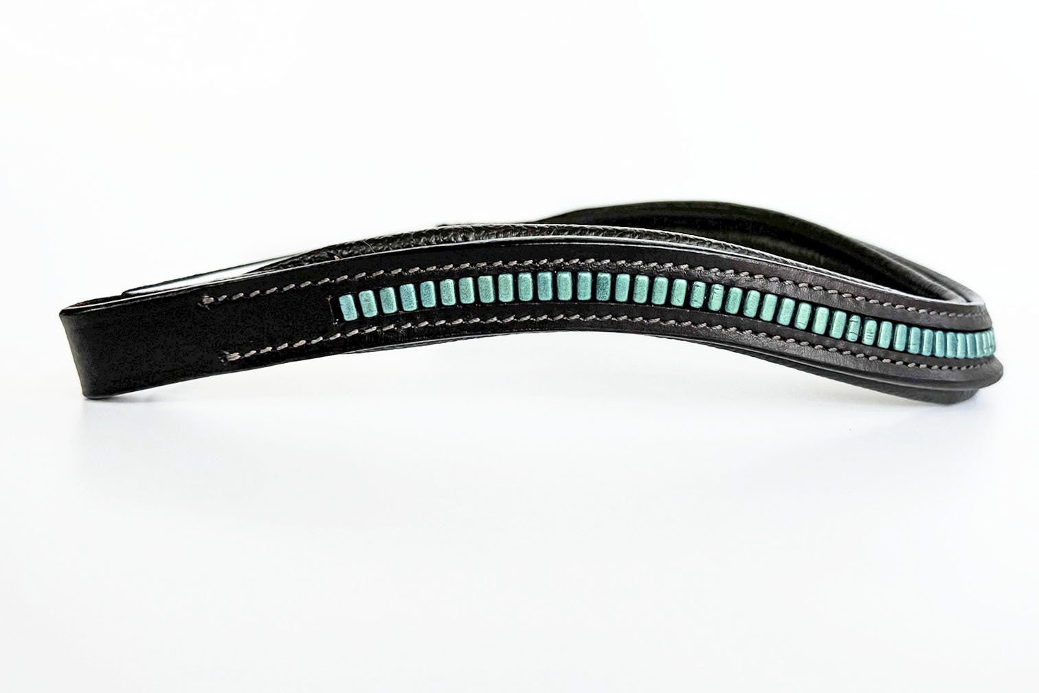 Unique black leather browband with metallic blue beads