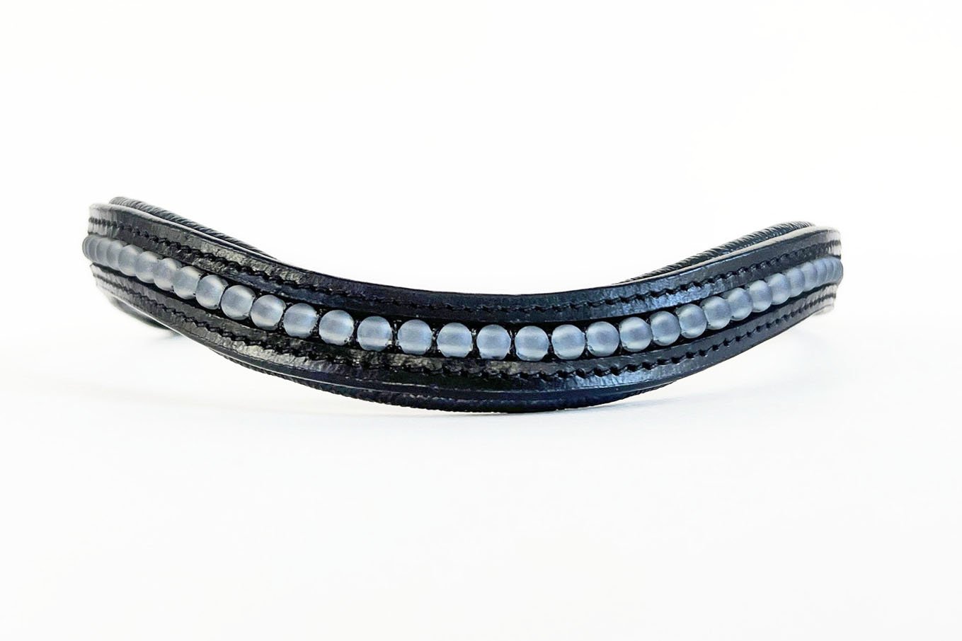 Unique black leather browband with light blue beads