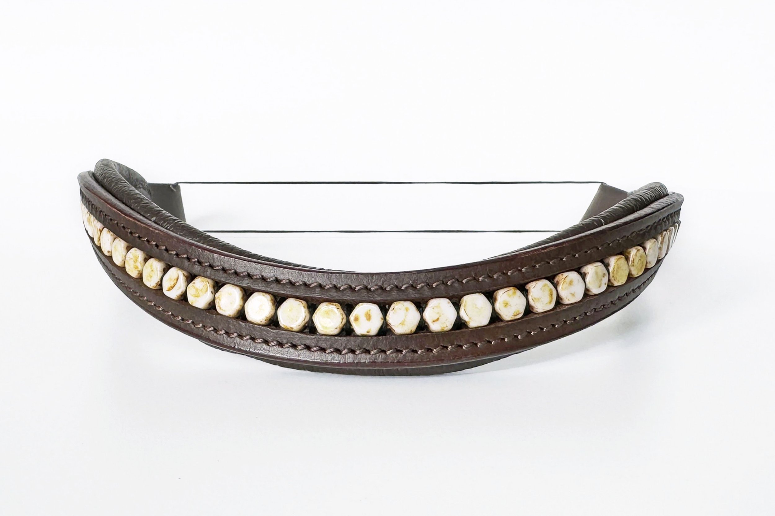 Unique brown leather browband with butterscotch tan hexagon beads