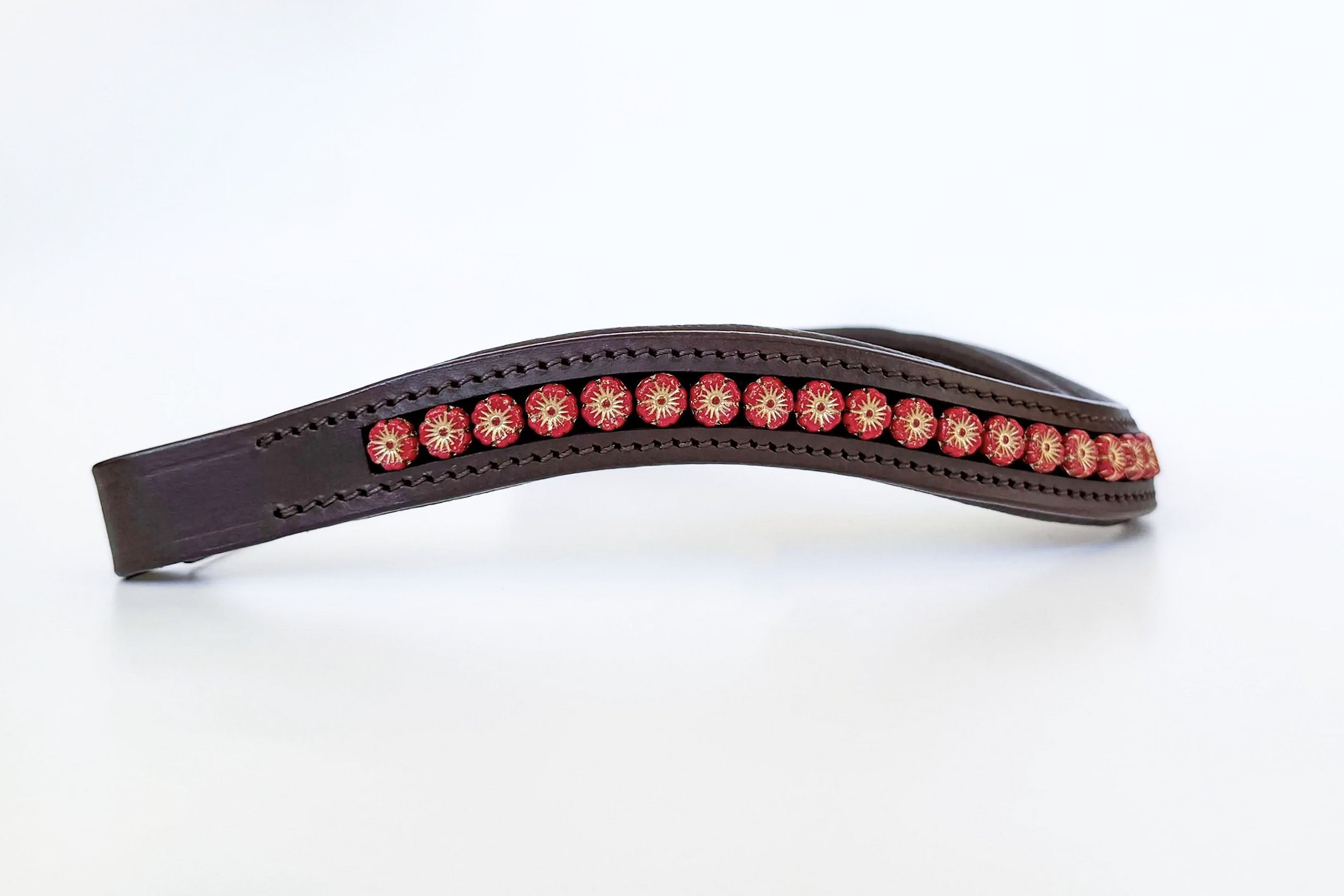 Unique brown leather browband with red flower beads