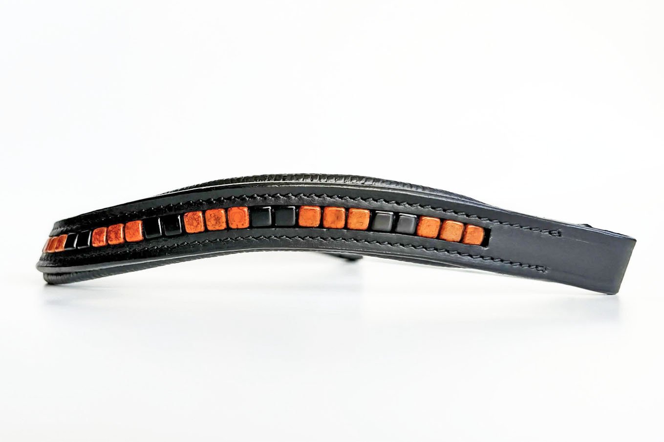 Unique black leather browband with orange and black beads