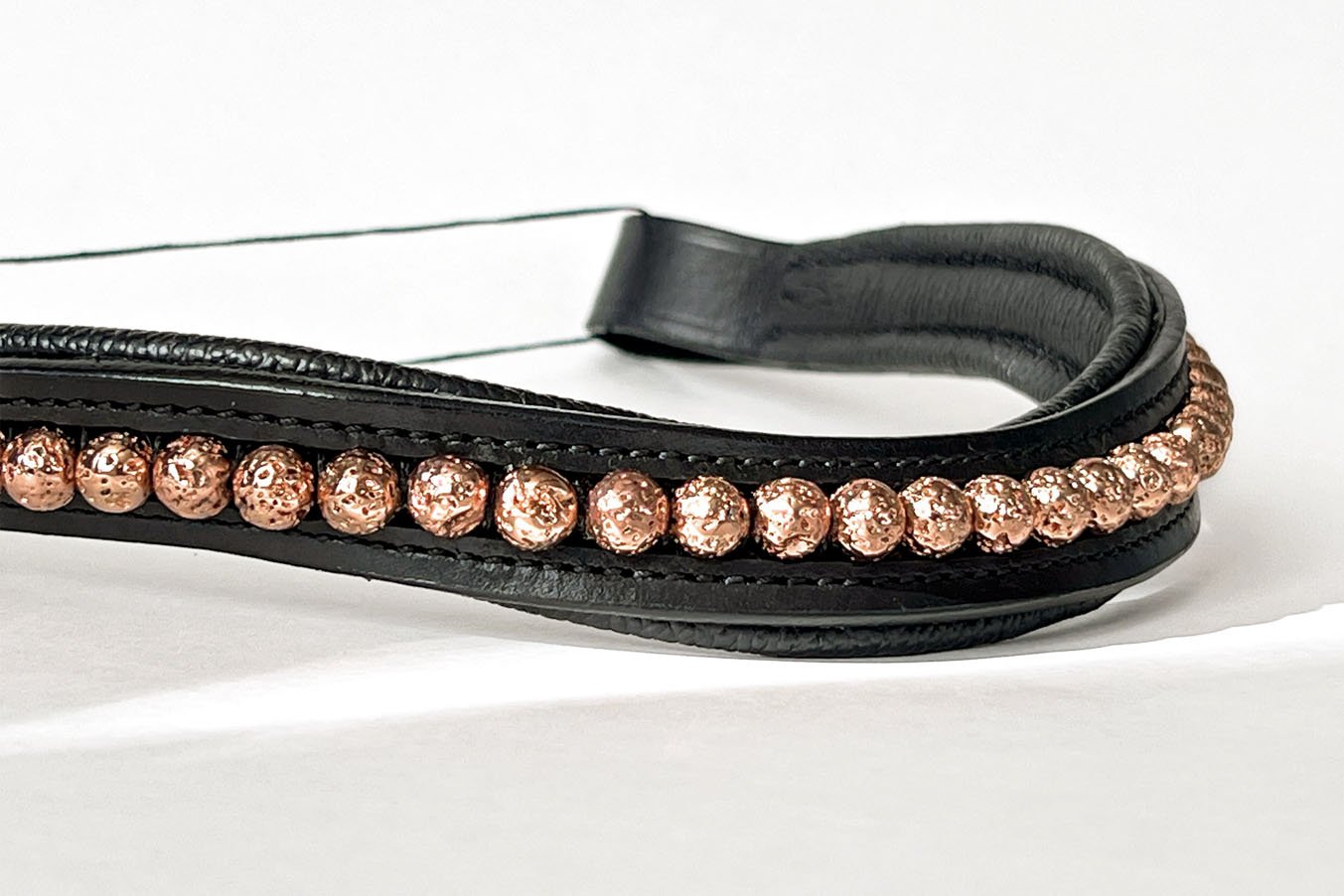 Unique brown leather browband with rose gold lava beads