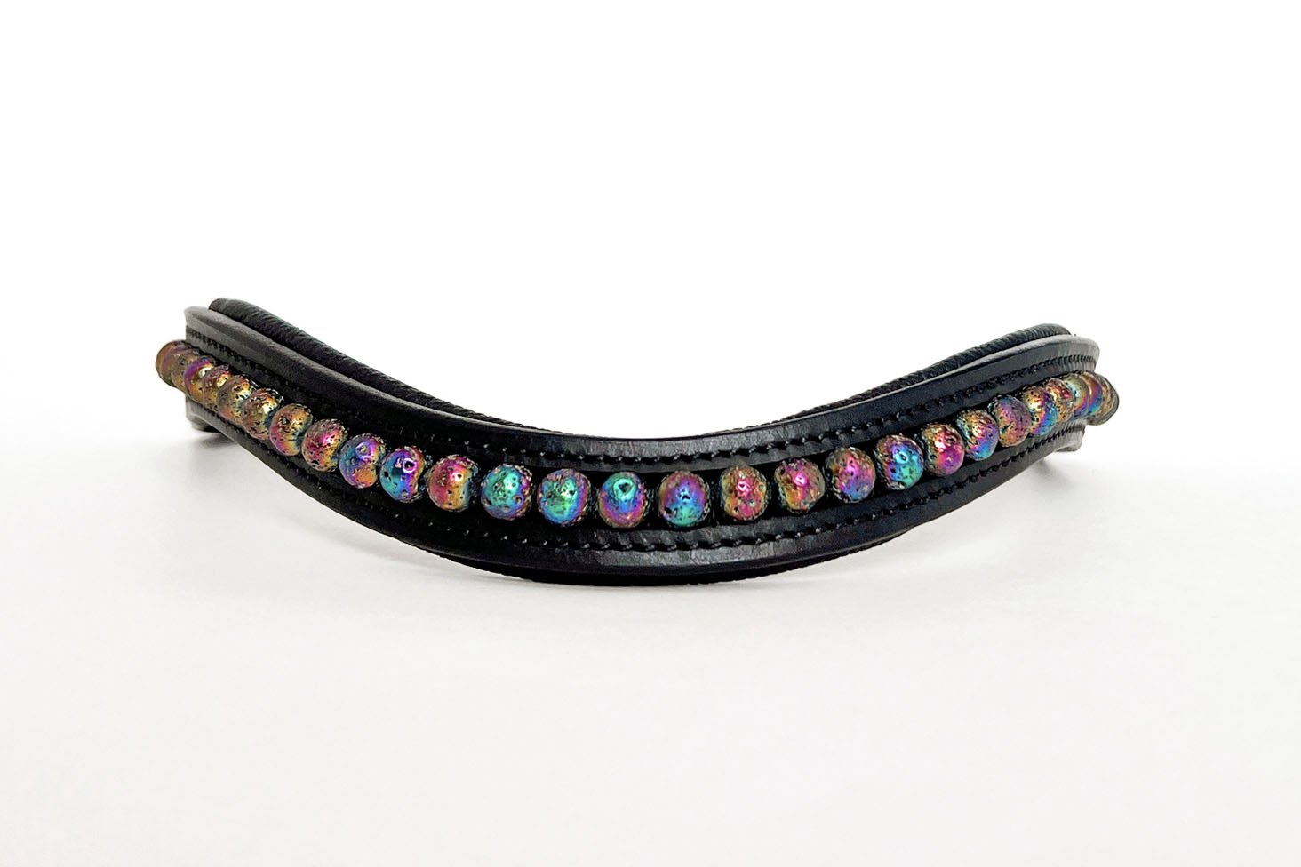 Unique black leather browband with rainbow lava beads