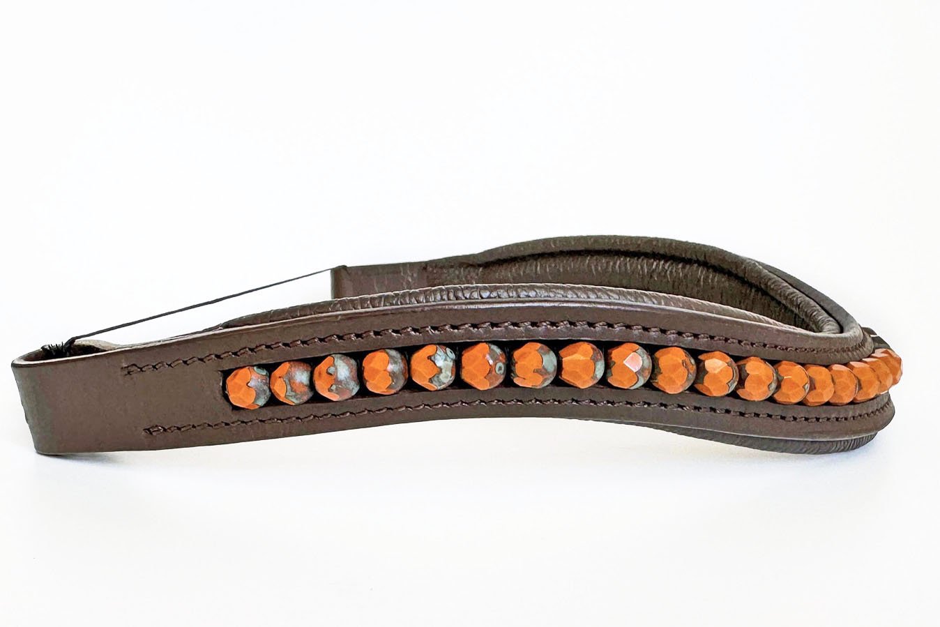 Unique brown leather browband with orange and black patterned beads