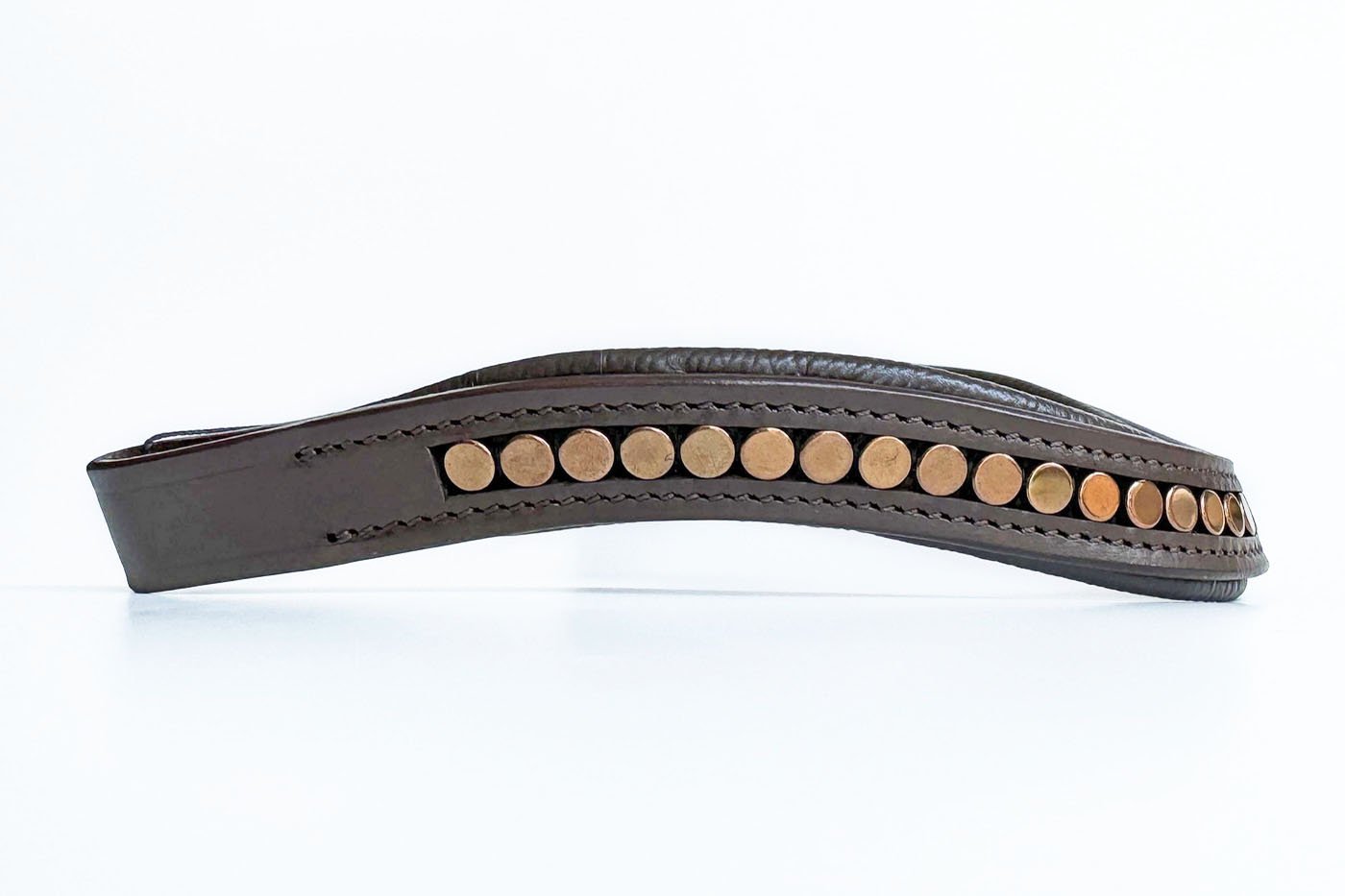 Unique brown leather browband with copper coin beads